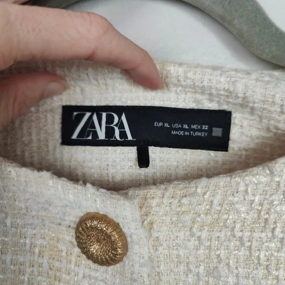 Zara Textured Jacket Womens XL Cream‎ Gold Button Preppy Classic Tweed Holiday - Picture 6 of 9